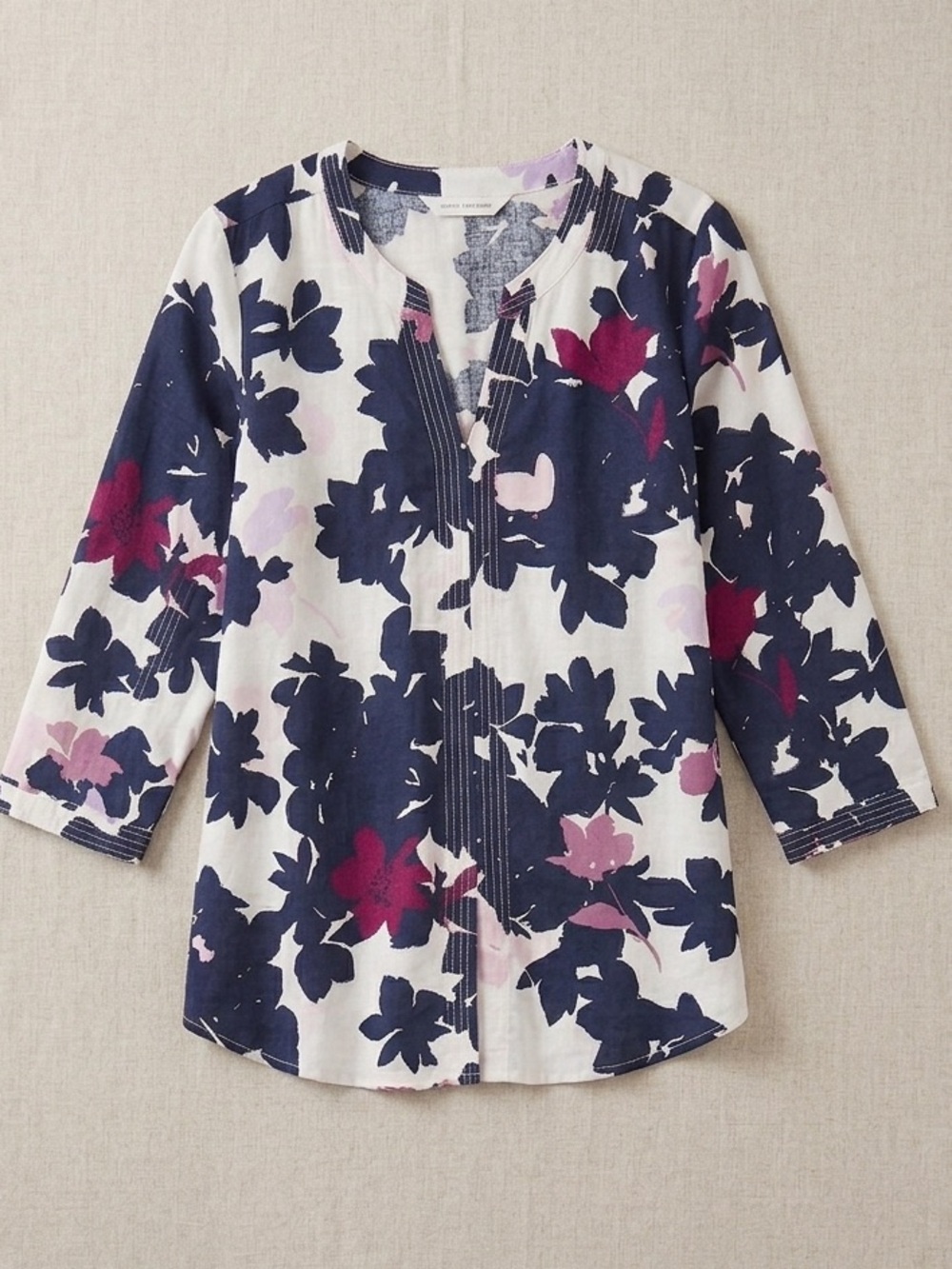 Liz Claiborne Linen Blend Floral Split Neck Tunic Top Large L